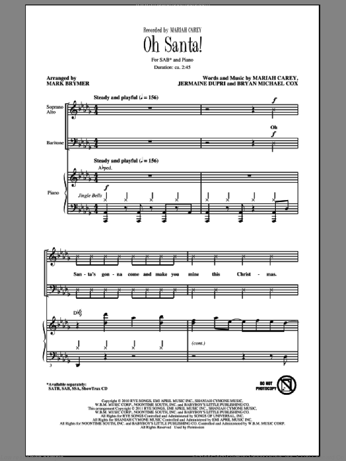 Oh Santa! sheet music for choir (SAB: soprano, alto, bass) by Mariah Carey, Bryan Michael Cox, Jermaine Dupri and Mark Brymer, intermediate skill level