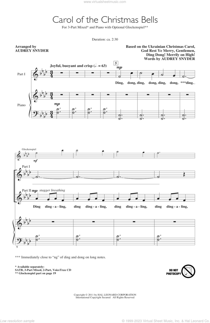 Carol Of The Christmas Bells sheet music for choir (3-Part Mixed) by Audrey Snyder, intermediate skill level