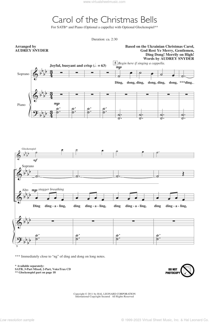 Carol Of The Christmas Bells sheet music for choir (SATB: soprano, alto, tenor, bass) by Audrey Snyder, intermediate skill level