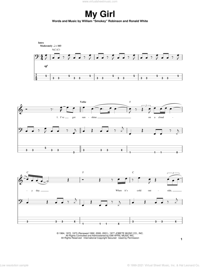 My Girl sheet music for bass (tablature) (bass guitar) by The Temptations and Ronald White, intermediate skill level