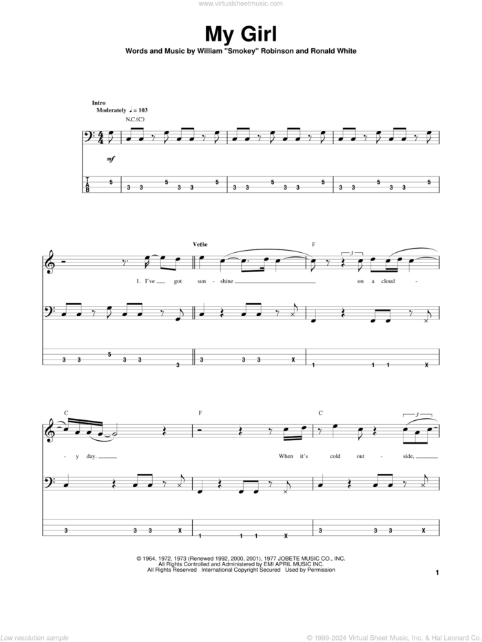 My Girl sheet music for bass (tablature) (bass guitar) by The Temptations and Ronald White, intermediate skill level