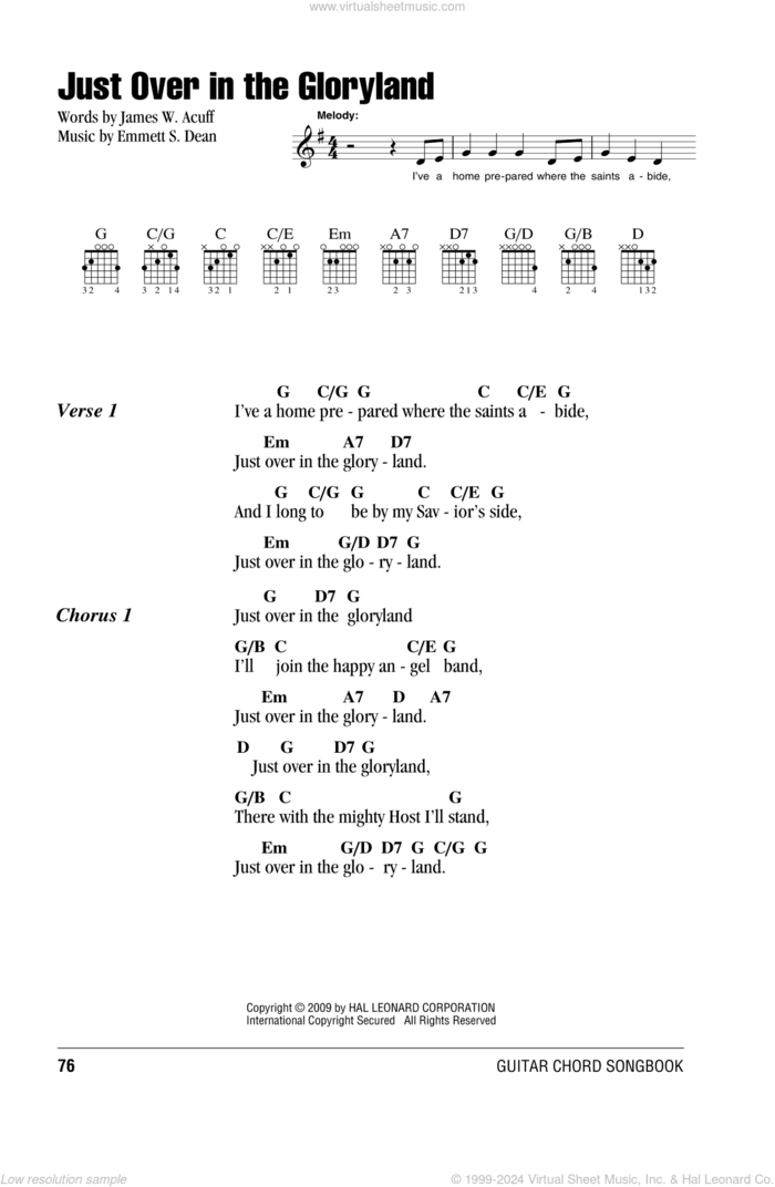 Just Over In The Gloryland sheet music for guitar (chords) by James W. Acuff and Emmett S. Dean, intermediate skill level