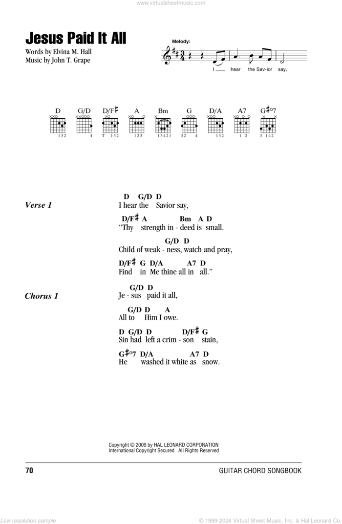 Jesus Paid It All sheet music for guitar (chords) by Elvina M. Hall and John T. Grape, intermediate skill level