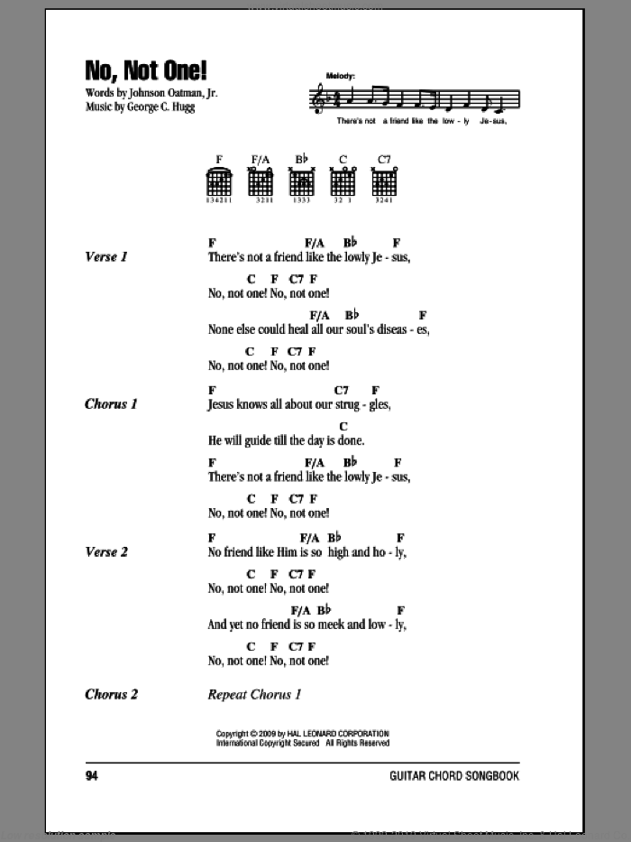 No, Not One! sheet music for guitar (chords) by Johnson Oatman, Jr. and George C. Hugg, intermediate skill level