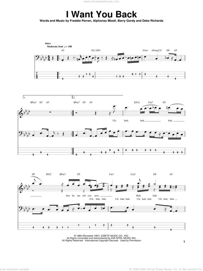 I Want You Back sheet music for bass (tablature) (bass guitar) by The Jackson 5, Michael Jackson, Alphonso Mizell, Berry Gordy, Deke Richards and Frederick Perren, intermediate skill level