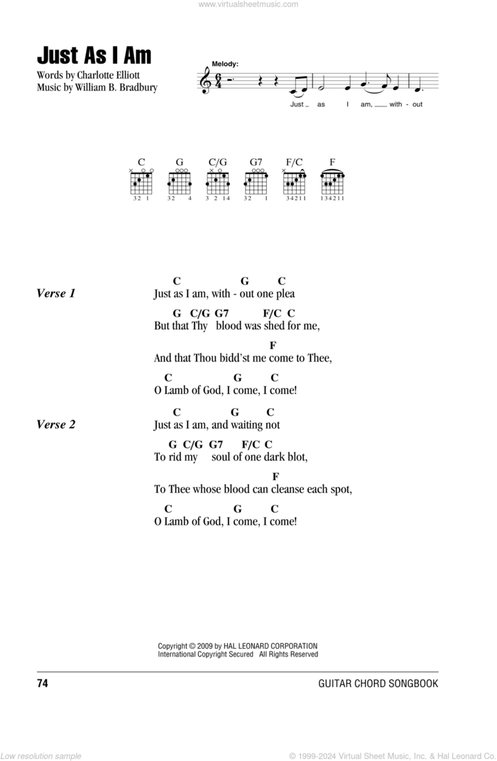 Just As I Am sheet music for guitar (chords) by Charlotte Elliott and William B. Bradbury, intermediate skill level