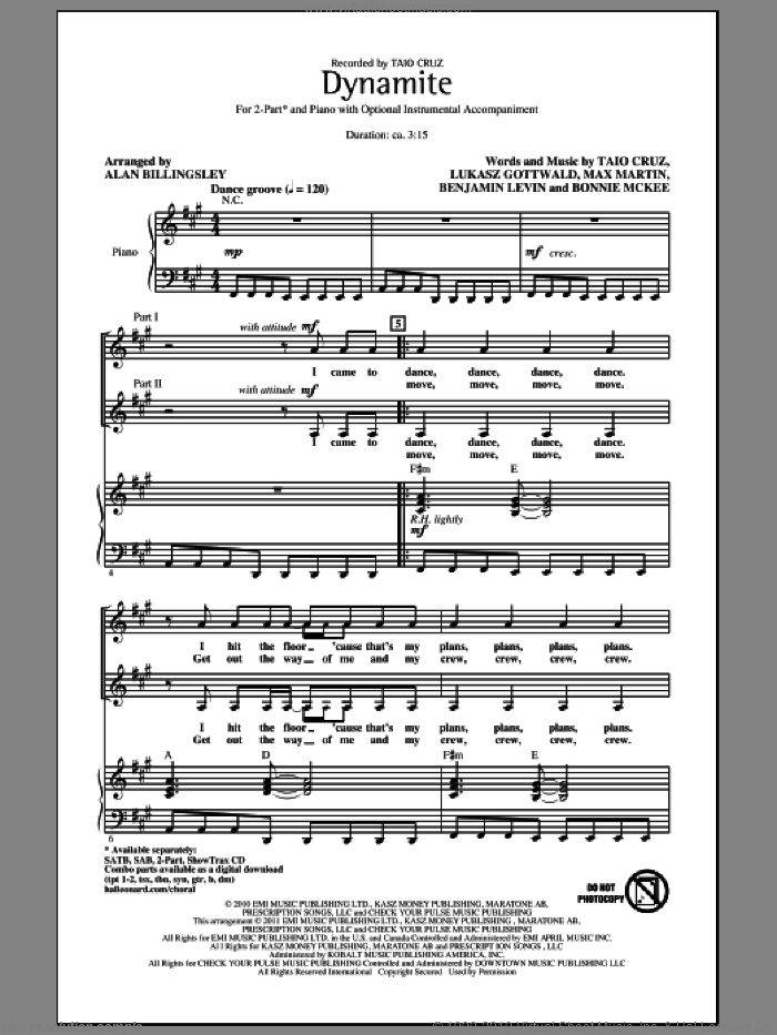 Dynamite (arr. Alan Billingsley) sheet music for choir (2-Part) by Max Martin, Benjamin Levin, Bonnie McKee, Lukasz Gottwald, Alan Billingsley and Taio Cruz, intermediate duet