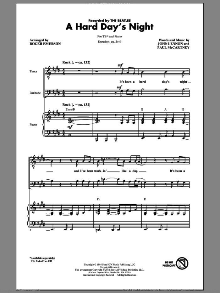 A Hard Day's Night (arr. Roger Emerson) sheet music for choir (TB: tenor, bass) by Paul McCartney, John Lennon, Roger Emerson and The Beatles, intermediate skill level