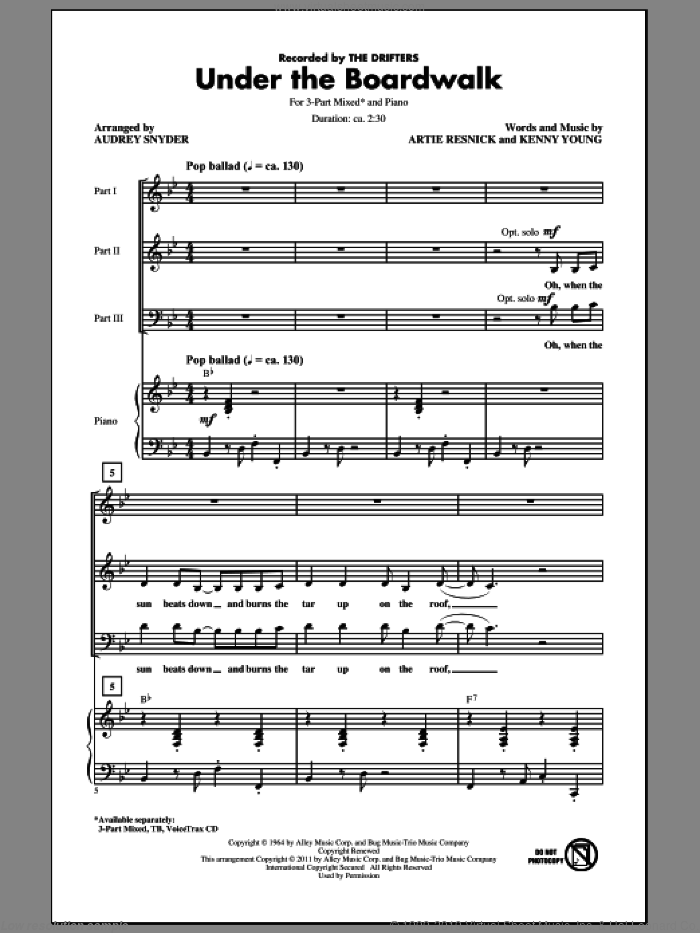 Under The Boardwalk sheet music for choir (3-Part Mixed) by Kenny Young, Artie Resnick, Audrey Snyder, Bette Midler and The Drifters, intermediate skill level