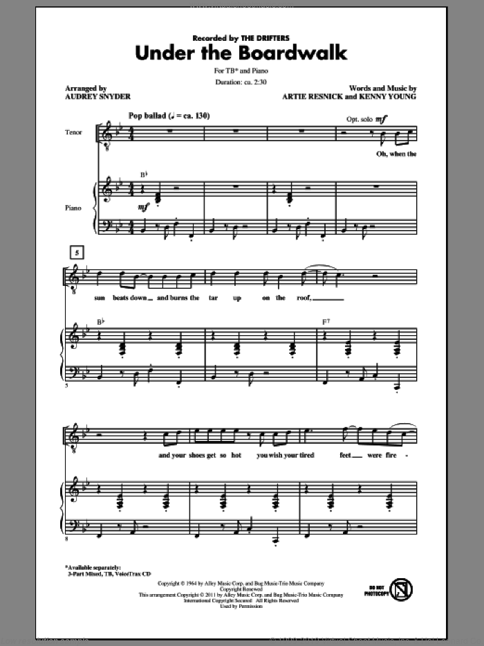 Under The Boardwalk sheet music for choir (TB: tenor, bass) by Kenny Young, Artie Resnick, Audrey Snyder, Bette Midler and The Drifters, intermediate skill level