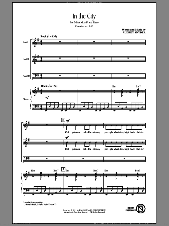 In The City sheet music for choir (3-Part Mixed) by Audrey Snyder, intermediate skill level