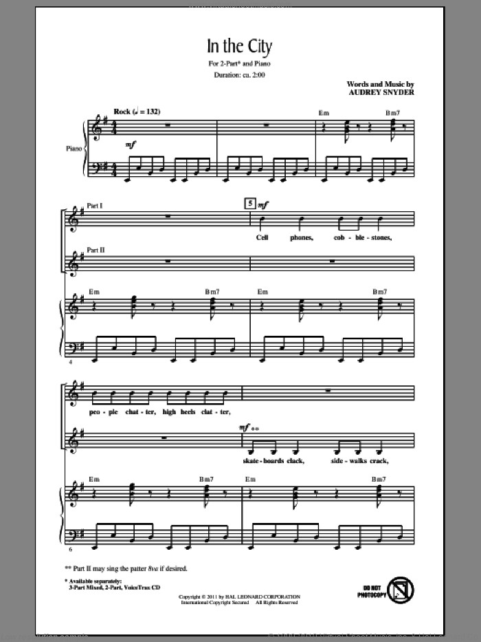 In The City sheet music for choir (2-Part) by Audrey Snyder, intermediate duet