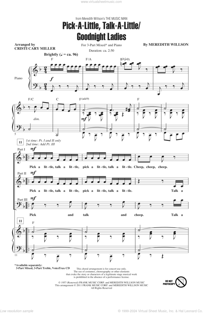 Pick-A-Little, Talk-A-Little / Goodnight Ladies sheet music for choir (3-Part Mixed) by Meredith Willson and Cristi Cary Miller, intermediate skill level