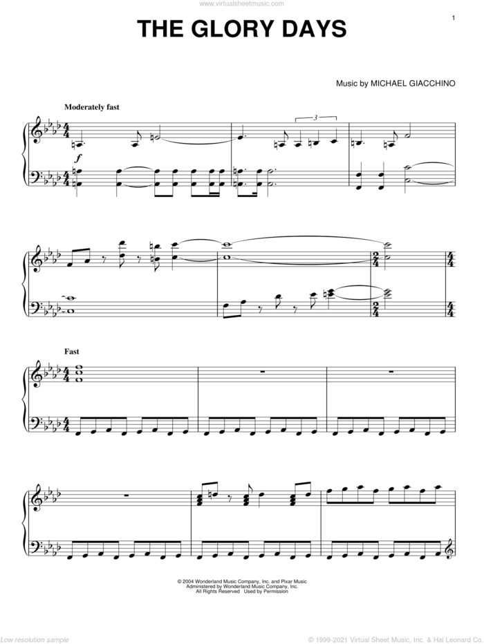 The Glory Days sheet music for piano solo by Michael Giacchino and The Incredibles (Movie), intermediate skill level