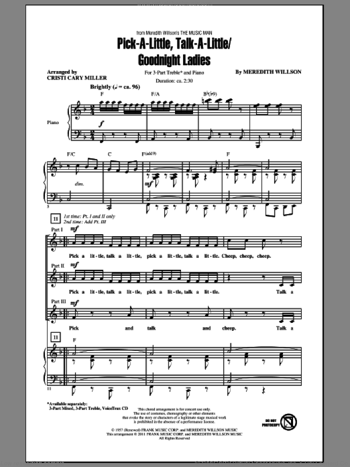 Pick-A-Little, Talk-A-Little / Goodnight Ladies sheet music for choir (3-Part Treble) by Meredith Willson and Cristi Cary Miller, intermediate skill level