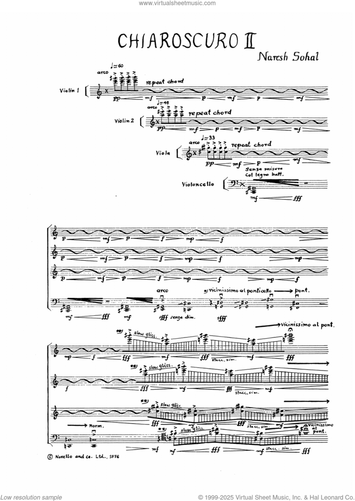 Chiaroscuro II (score) sheet music for string quartet (violin, viola, cello, full score) by Naresh Sohal, classical score, intermediate skill level