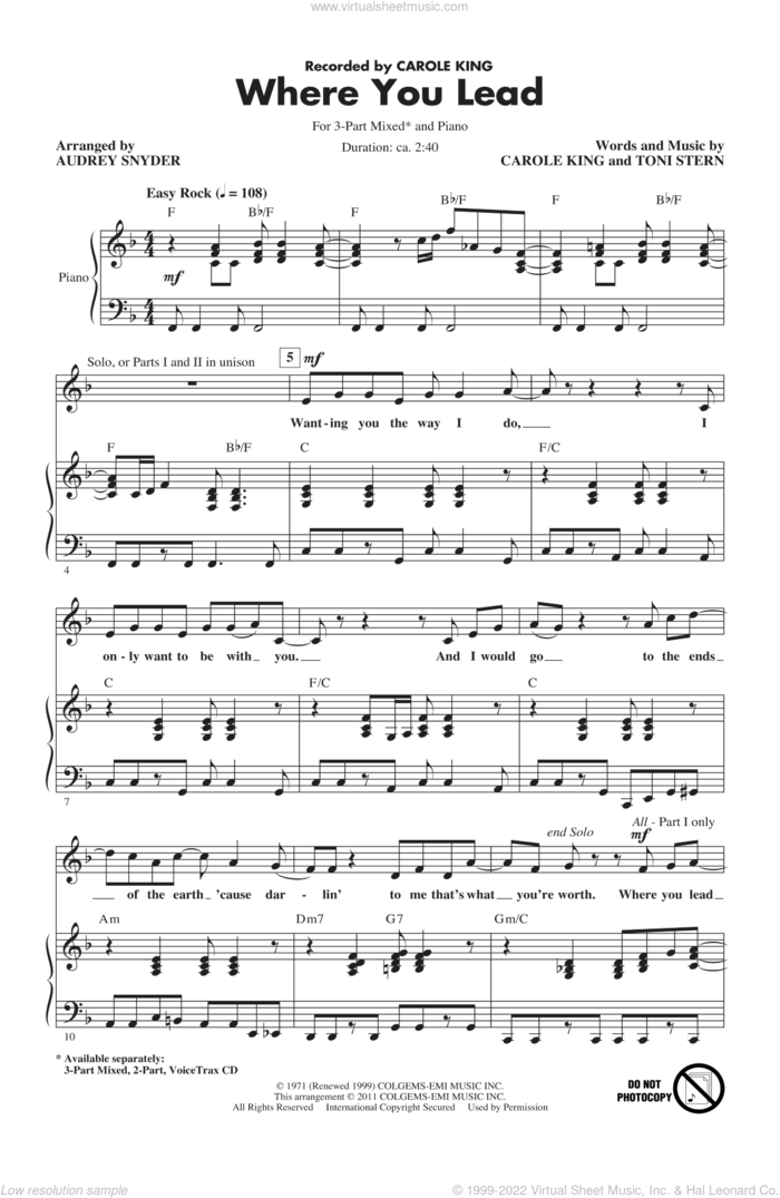 Where You Lead sheet music for choir (3-Part Mixed) by Audrey Snyder, Toni Stern and Carole King, intermediate skill level