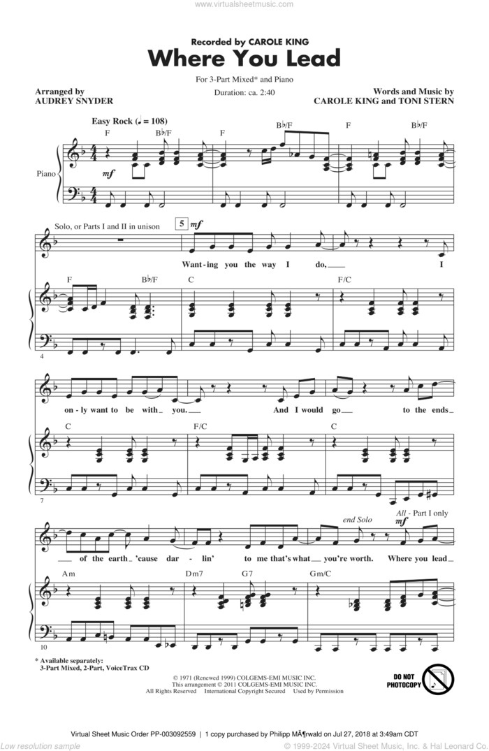 Where You Lead sheet music for choir (3-Part Mixed) by Audrey Snyder, Toni Stern and Carole King, intermediate skill level