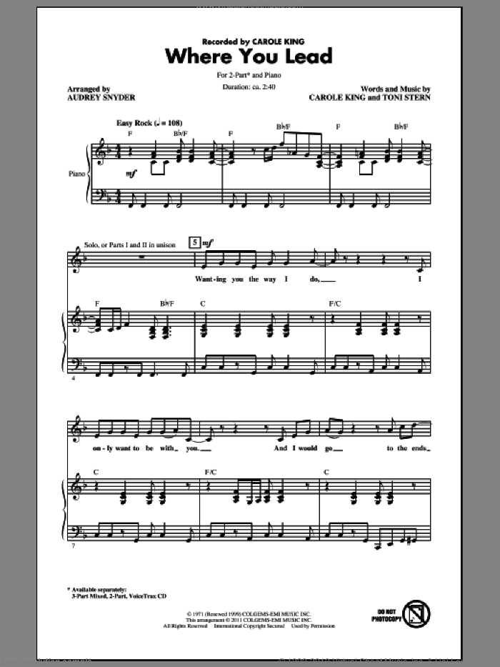 Where You Lead sheet music for choir (2-Part) by Audrey Snyder, Toni Stern and Carole King, intermediate duet