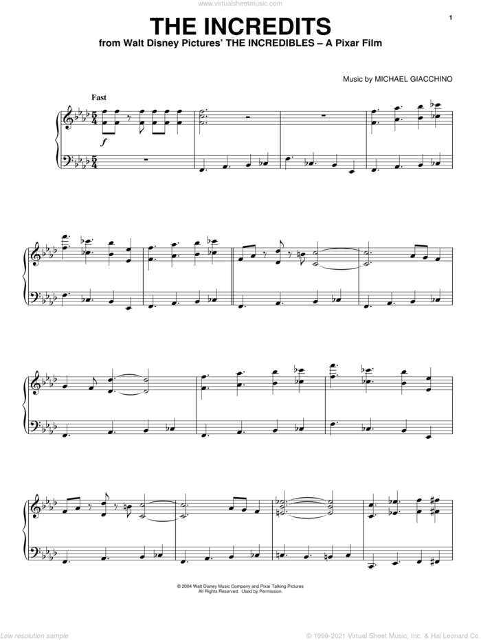 The Incredits (from The Incredibles), (intermediate) sheet music for piano solo by Michael Giacchino and The Incredibles (Movie), intermediate skill level