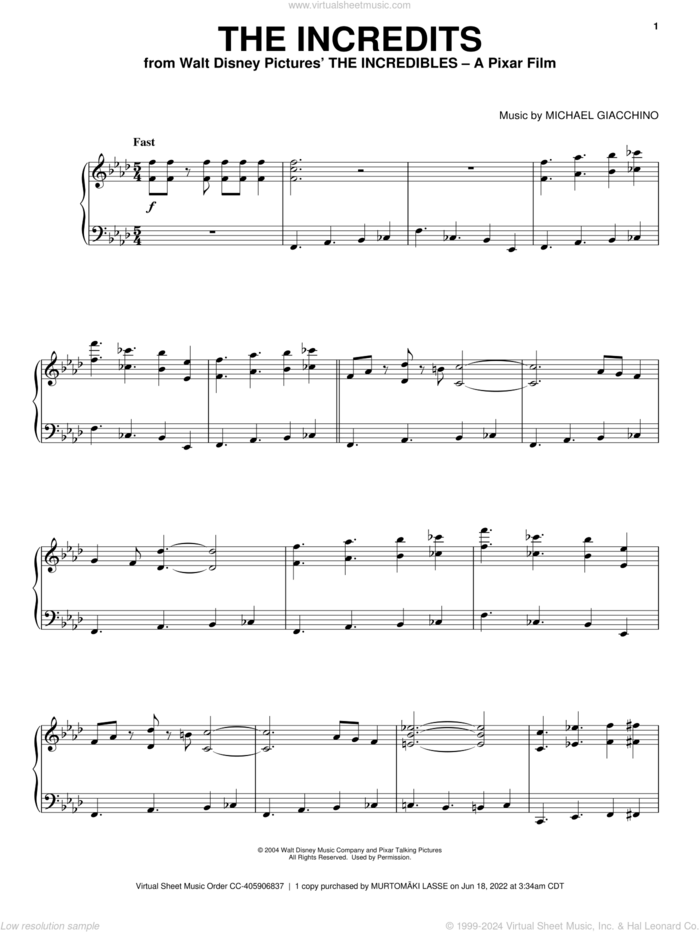 The Incredits (from The Incredibles) sheet music for piano solo by Michael Giacchino and The Incredibles (Movie), intermediate skill level