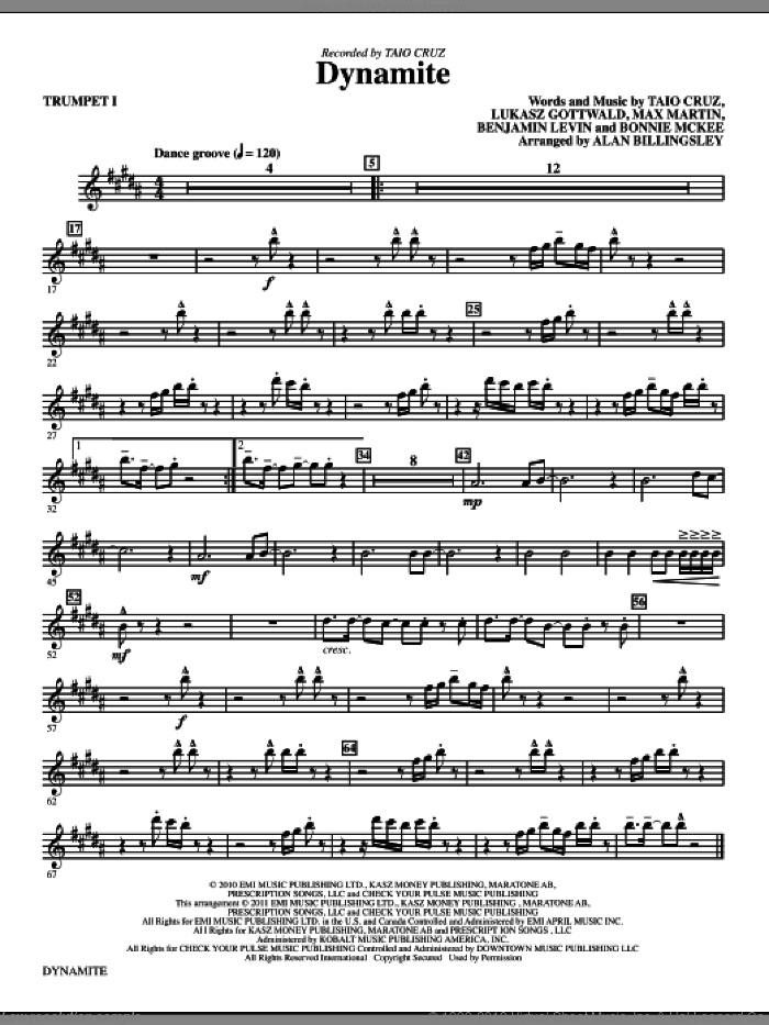 Dynamite (arr. Alan Billingsley) (complete set of parts) sheet music for orchestra/band by Max Martin, Alan Billingsley, Benjamin Levin, Bonnie McKee, Lukasz Gottwald and Taio Cruz, intermediate skill level