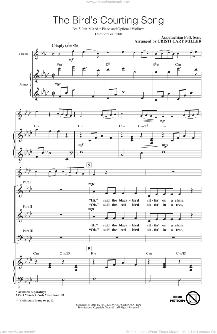 The Bird's Courting Song sheet music for choir (3-Part Mixed) by Cristi Cary Miller and Appalachian Folk Song, intermediate skill level