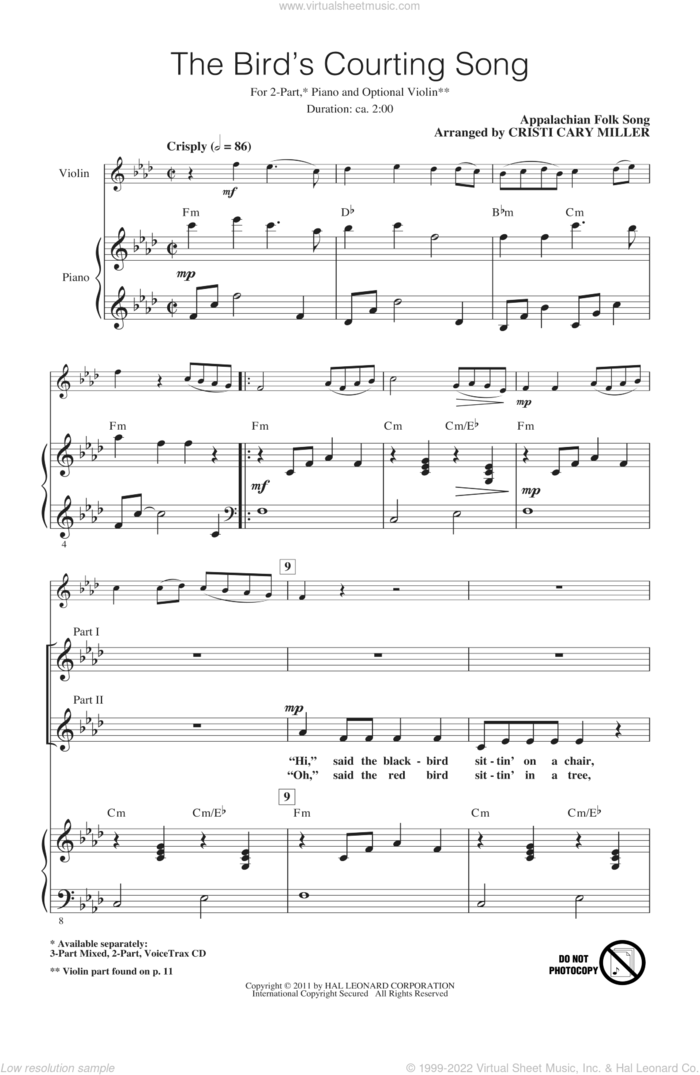 The Bird's Courting Song (arr. Cristi Cary Miller) sheet music for choir (2-Part) by Appalachian Folk Song and Cristi Cary Miller, intermediate duet