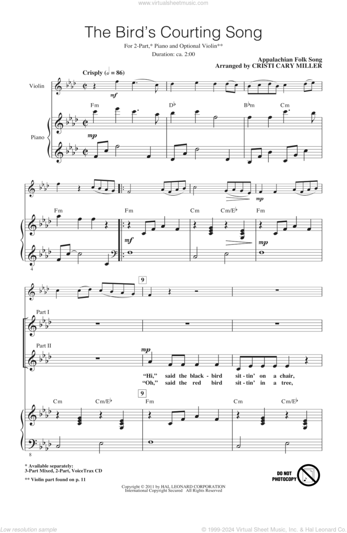 The Bird's Courting Song (arr. Cristi Cary Miller) sheet music for choir (2-Part) by Appalachian Folk Song and Cristi Cary Miller, intermediate duet