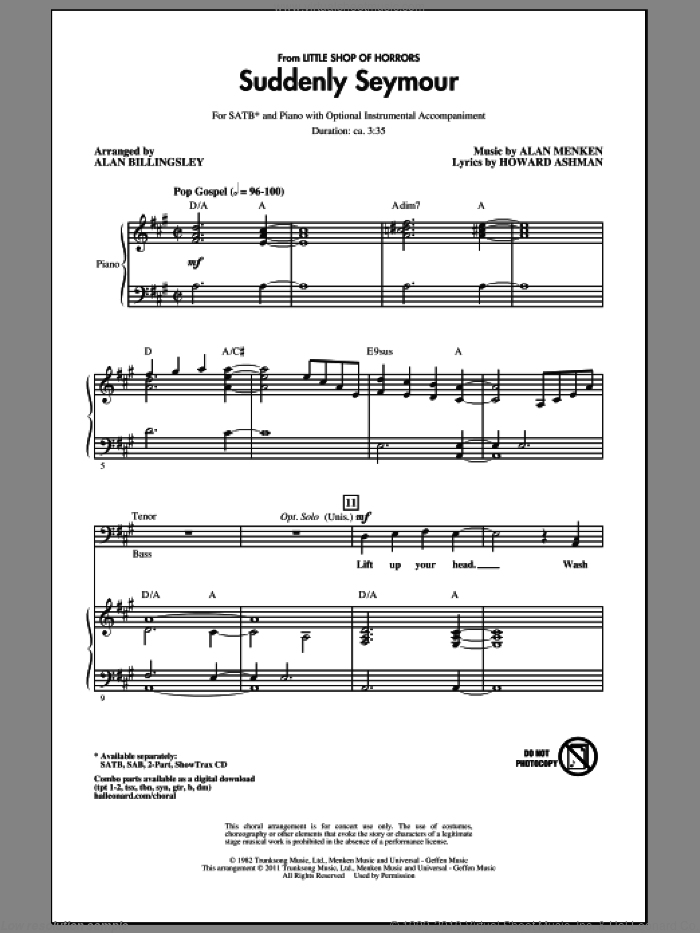 Suddenly Seymour (from Little Shop of Horrors) (arr. Alan Billingsley) sheet music for choir (SATB: soprano, alto, tenor, bass) by Alan Menken, Howard Ashman and Alan Billingsley, intermediate skill level