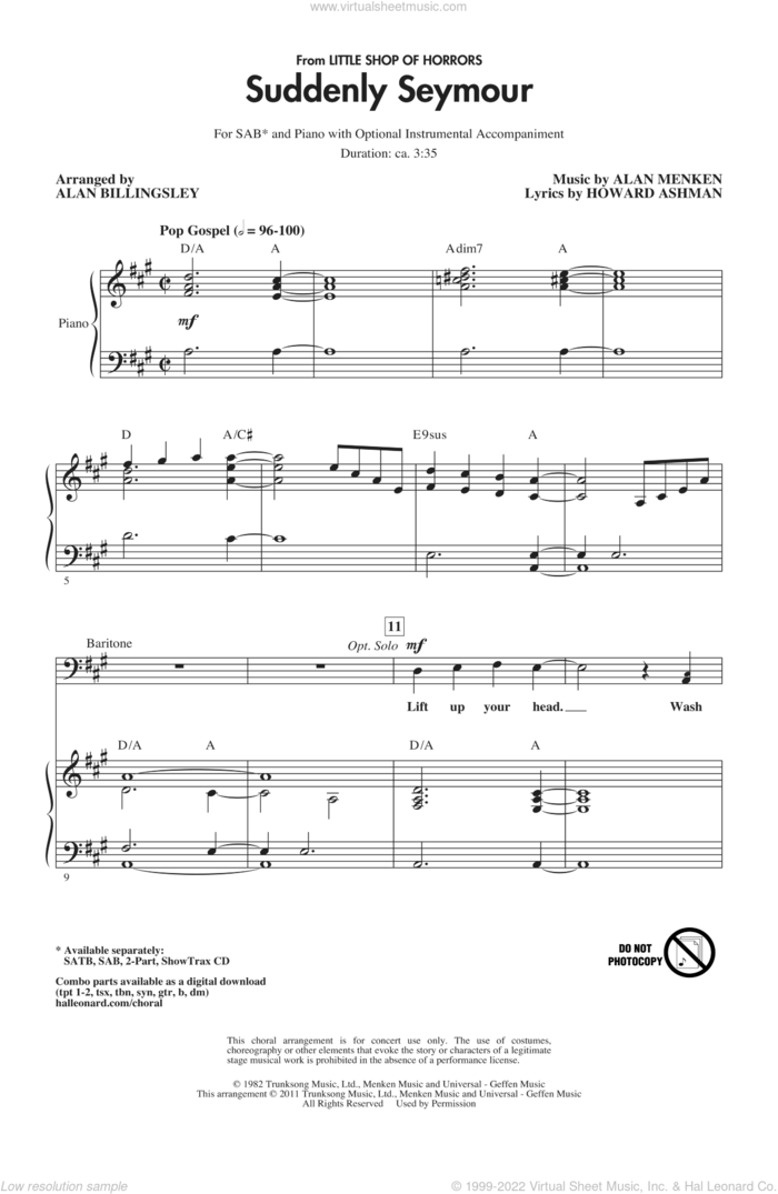Suddenly Seymour (from Little Shop of Horrors) (arr. Alan Billingsley) sheet music for choir (SAB: soprano, alto, bass) by Alan Menken, Howard Ashman and Alan Billingsley, intermediate skill level