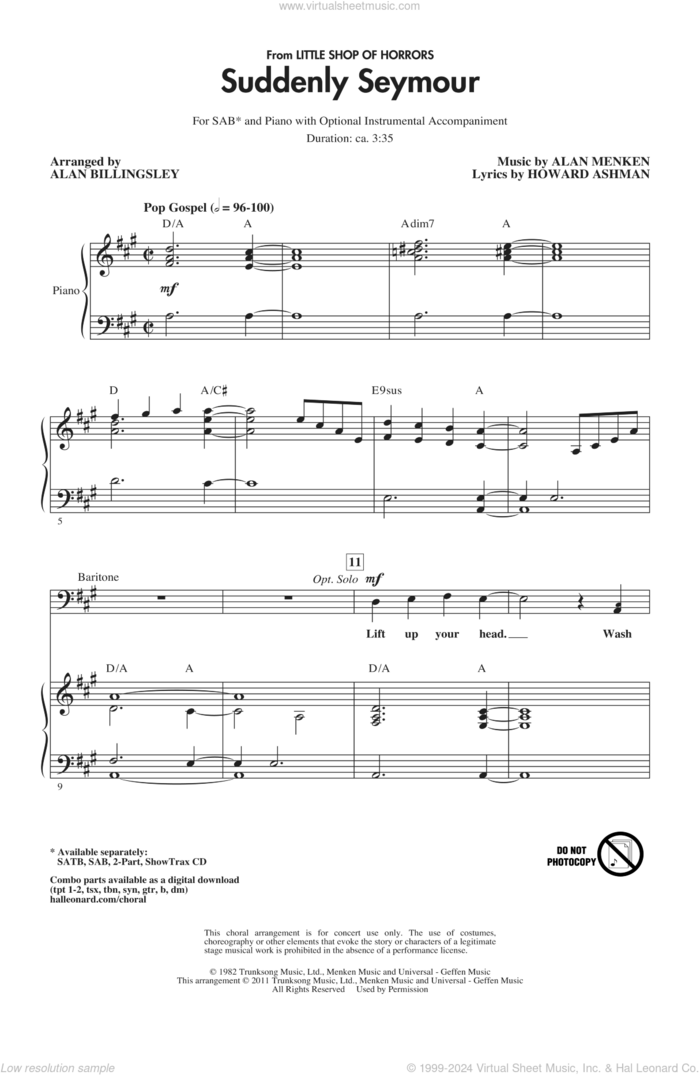 Suddenly Seymour (from Little Shop of Horrors) (arr. Alan Billingsley) sheet music for choir (SAB: soprano, alto, bass) by Alan Menken, Howard Ashman and Alan Billingsley, intermediate skill level