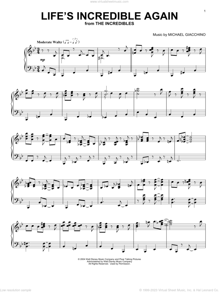Life's Incredible Again sheet music for piano solo by Michael Giacchino and The Incredibles (Movie), intermediate skill level