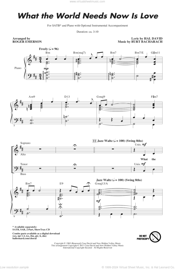 What The World Needs Now Is Love (arr. Roger Emerson) sheet music for choir (SATB: soprano, alto, tenor, bass) by Burt Bacharach, Bacharach & David, Hal David, Jackie DeShannon and Roger Emerson, intermediate skill level