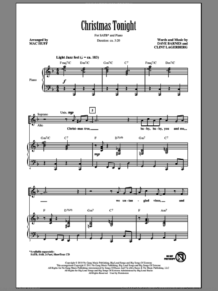 Christmas Tonight sheet music for choir (SATB: soprano, alto, tenor, bass) by Dave Barnes, Clint Lagerberg, Hillary Scott and Mac Huff, intermediate skill level