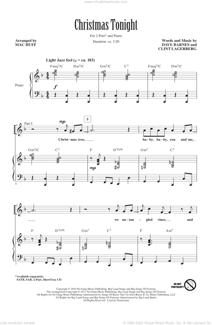 Christmas Tonight sheet music for choir (2-Part) by Dave Barnes, Clint Lagerberg, Hillary Scott and Mac Huff, intermediate duet