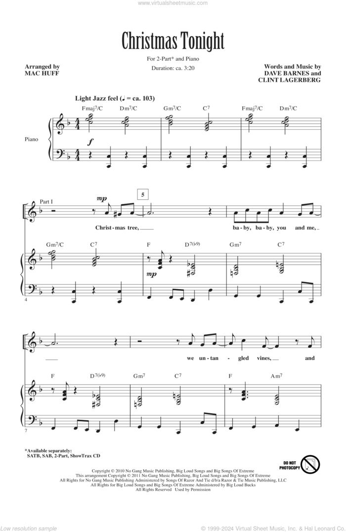 Christmas Tonight sheet music for choir (2-Part) by Dave Barnes, Clint Lagerberg, Hillary Scott and Mac Huff, intermediate duet