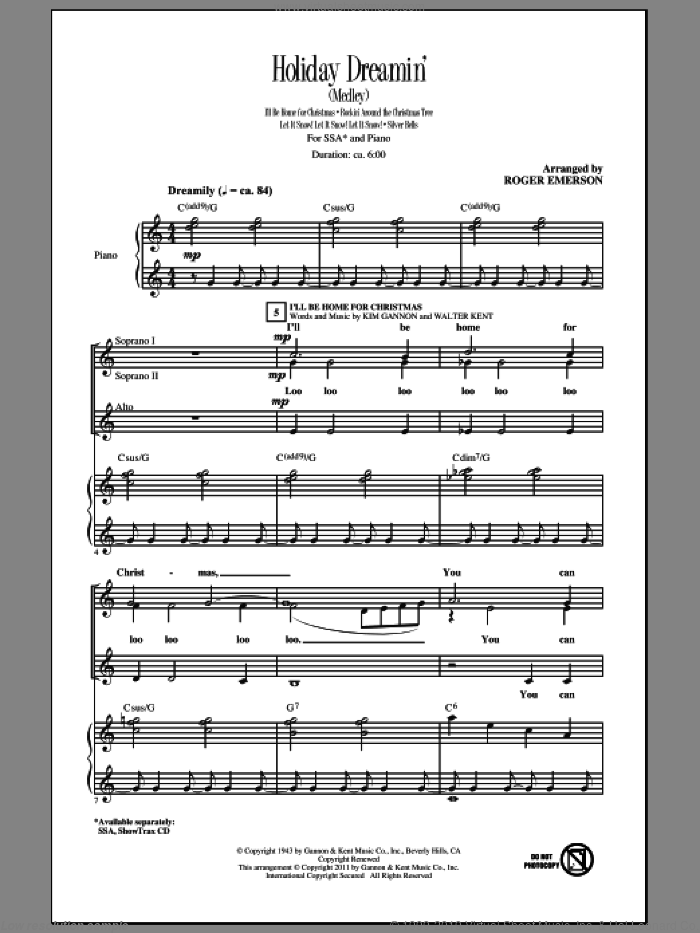 Holiday Dreamin' sheet music for choir (SSA: soprano, alto) by Walter Kent, Joe Nichols, Kim Gannon and Roger Emerson, intermediate skill level