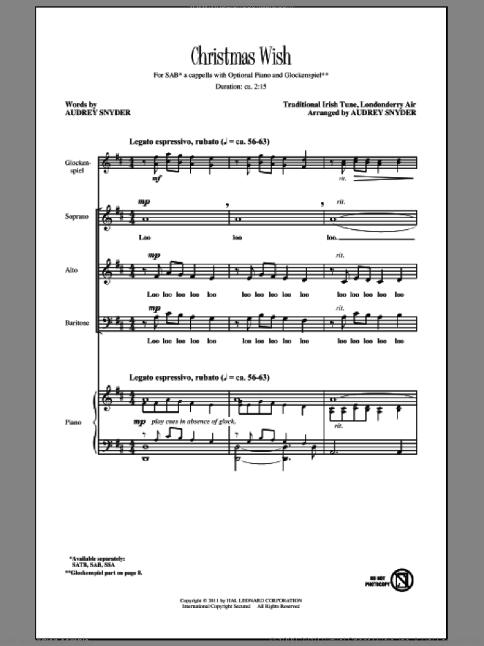 Christmas Wish sheet music for choir (SAB: soprano, alto, bass) by Audrey Snyder, intermediate skill level