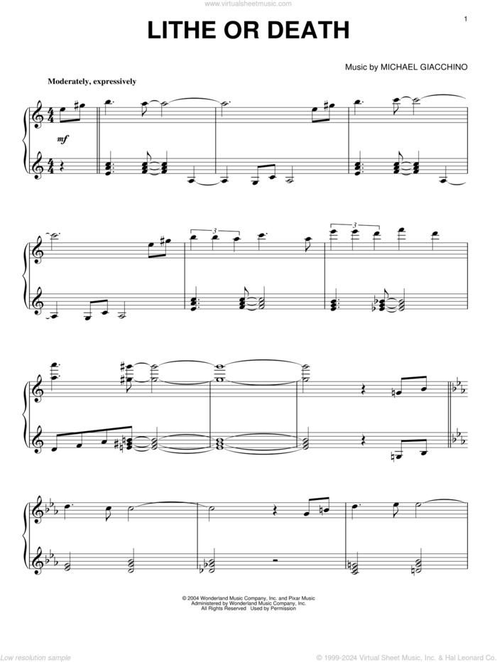 Lithe Or Death sheet music for piano solo by Michael Giacchino and The Incredibles (Movie), intermediate skill level