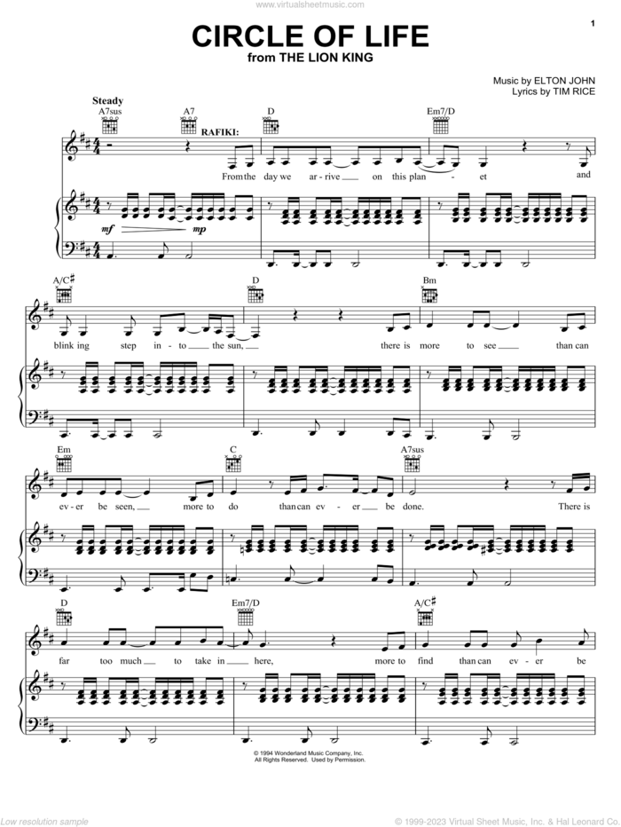 Circle Of Life (from The Lion King: Broadway Musical) sheet music for voice, piano or guitar by Elton John, The Lion King and Tim Rice, intermediate skill level
