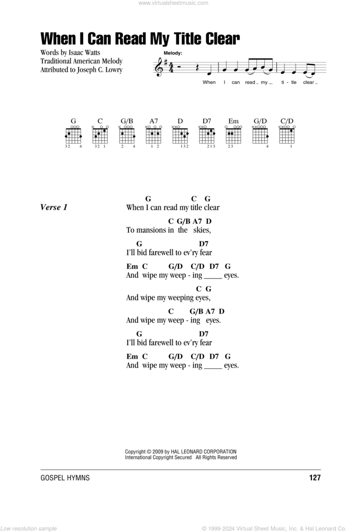 When I Can Read My Title Clear sheet music for guitar (chords) by Isaac Watts and Miscellaneous, intermediate skill level