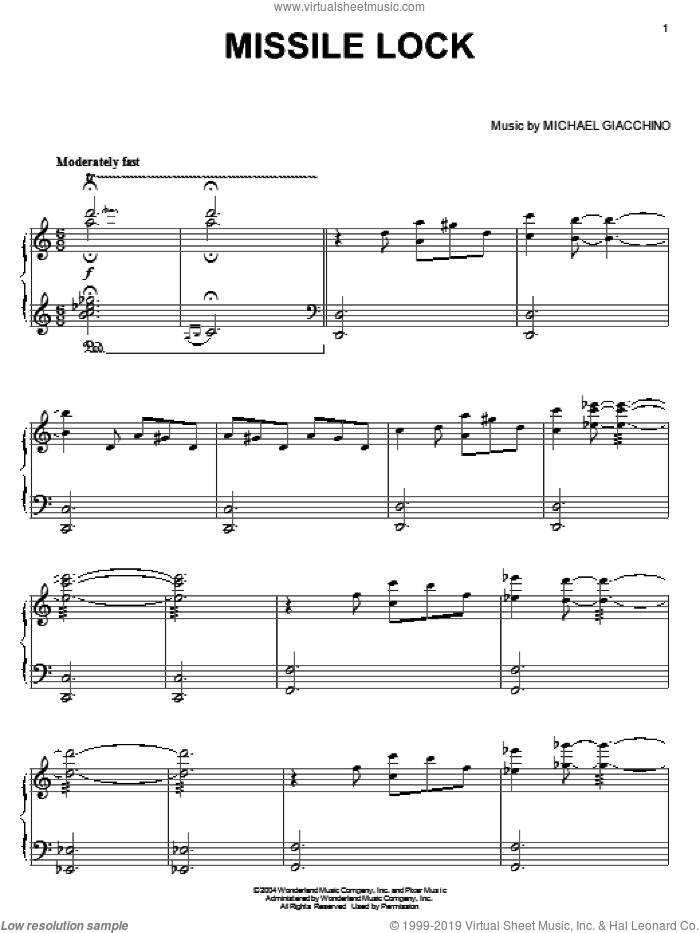 Missile Lock sheet music for piano solo by Michael Giacchino and The Incredibles (Movie), intermediate skill level