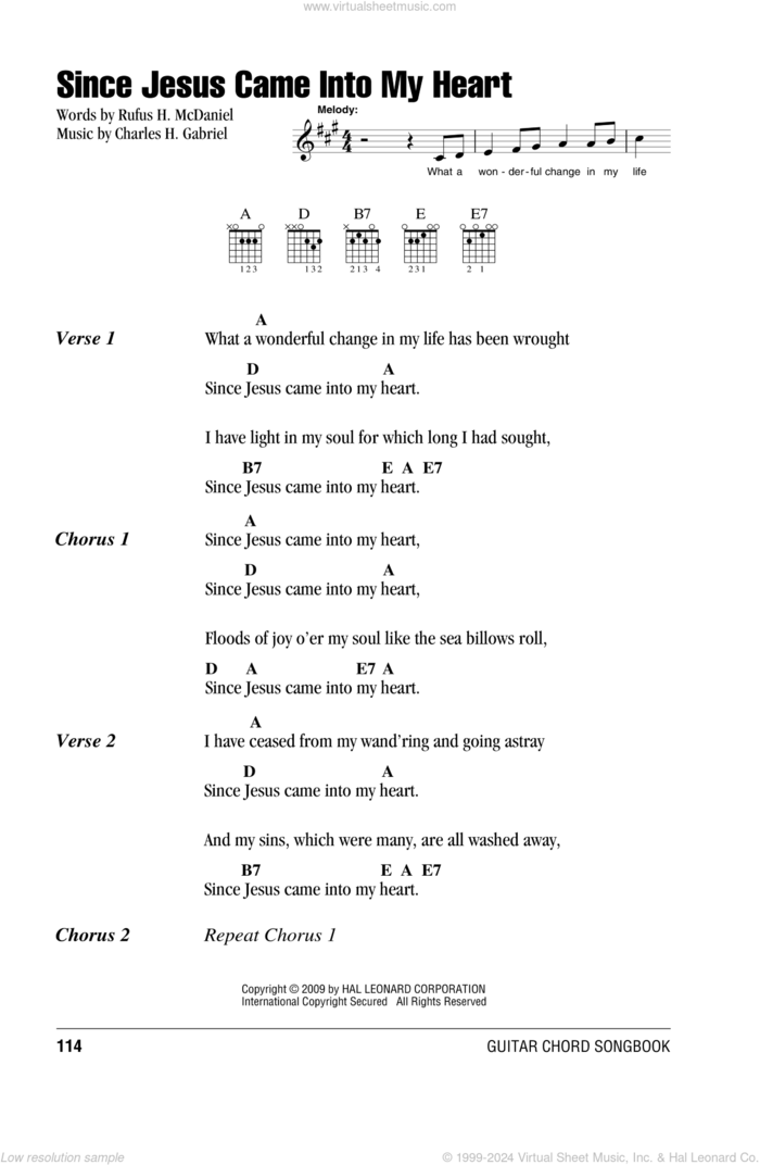 Since Jesus Came Into My Heart sheet music for guitar (chords) by Rufus H. McDaniel and Charles H. Gabriel, intermediate skill level