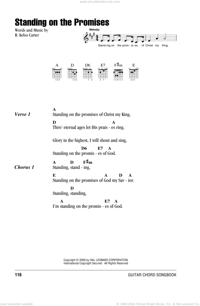 Standing On The Promises sheet music for guitar (chords) by R. Kelso Carter, intermediate skill level