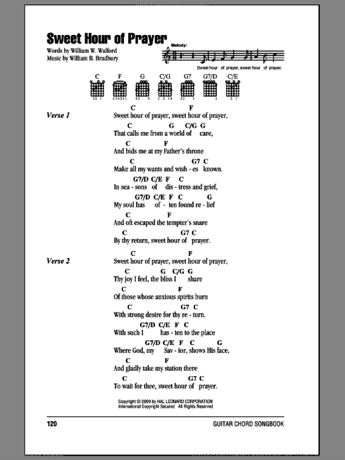 Sweet Hour Of Prayer sheet music for guitar (chords) by William W. Walford and William B. Bradbury, intermediate skill level