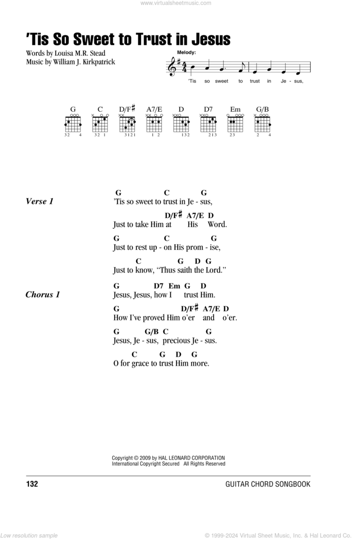 'Tis So Sweet To Trust In Jesus sheet music for guitar (chords) by Louisa M.R. Stead and William J. Kirkpatrick, intermediate skill level