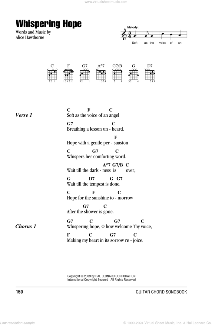 Whispering Hope sheet music for guitar (chords) by Alice Hawthorne and Septimus Winner, intermediate skill level