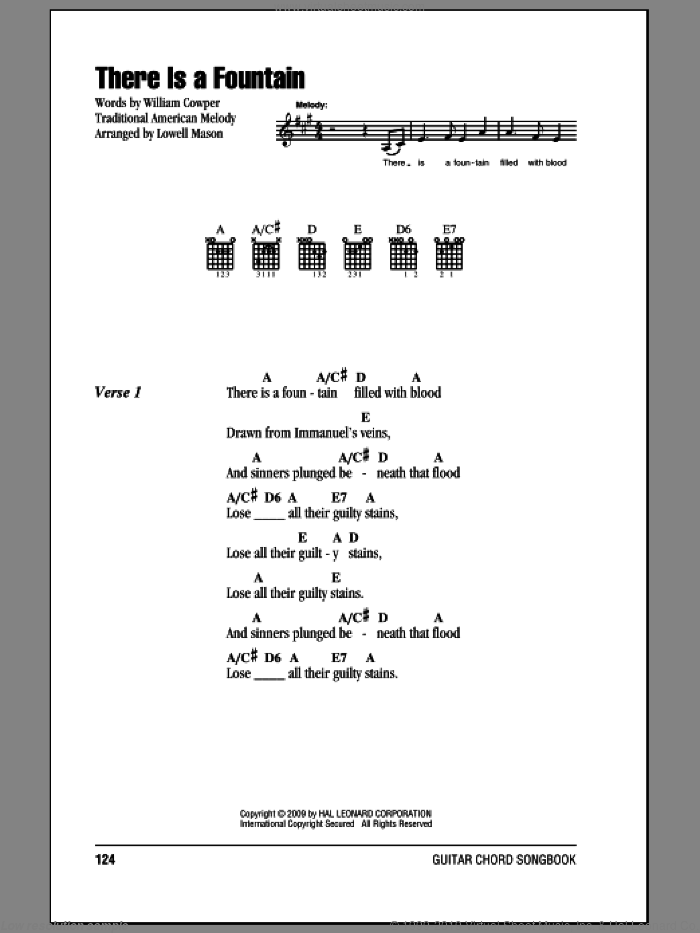 There Is A Fountain sheet music for guitar (chords) by William Cowper, Lowell Mason and Miscellaneous, intermediate skill level