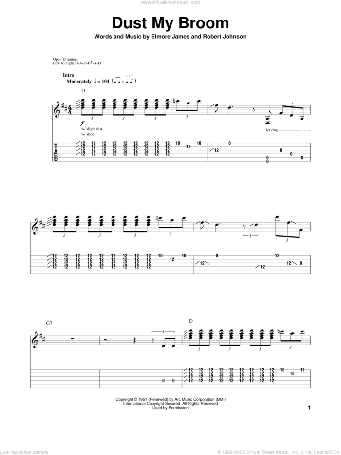 Dust My Broom sheet music for guitar (tablature, play-along) by Elmore James and Robert Johnson, intermediate skill level